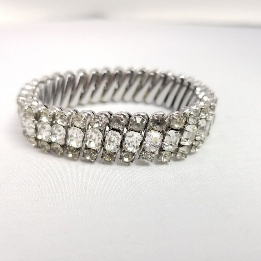 Vintage Three Row Rhinestone Stretch Expansion Bracelet, Emerald Shape Stones - Picture 3 of 8